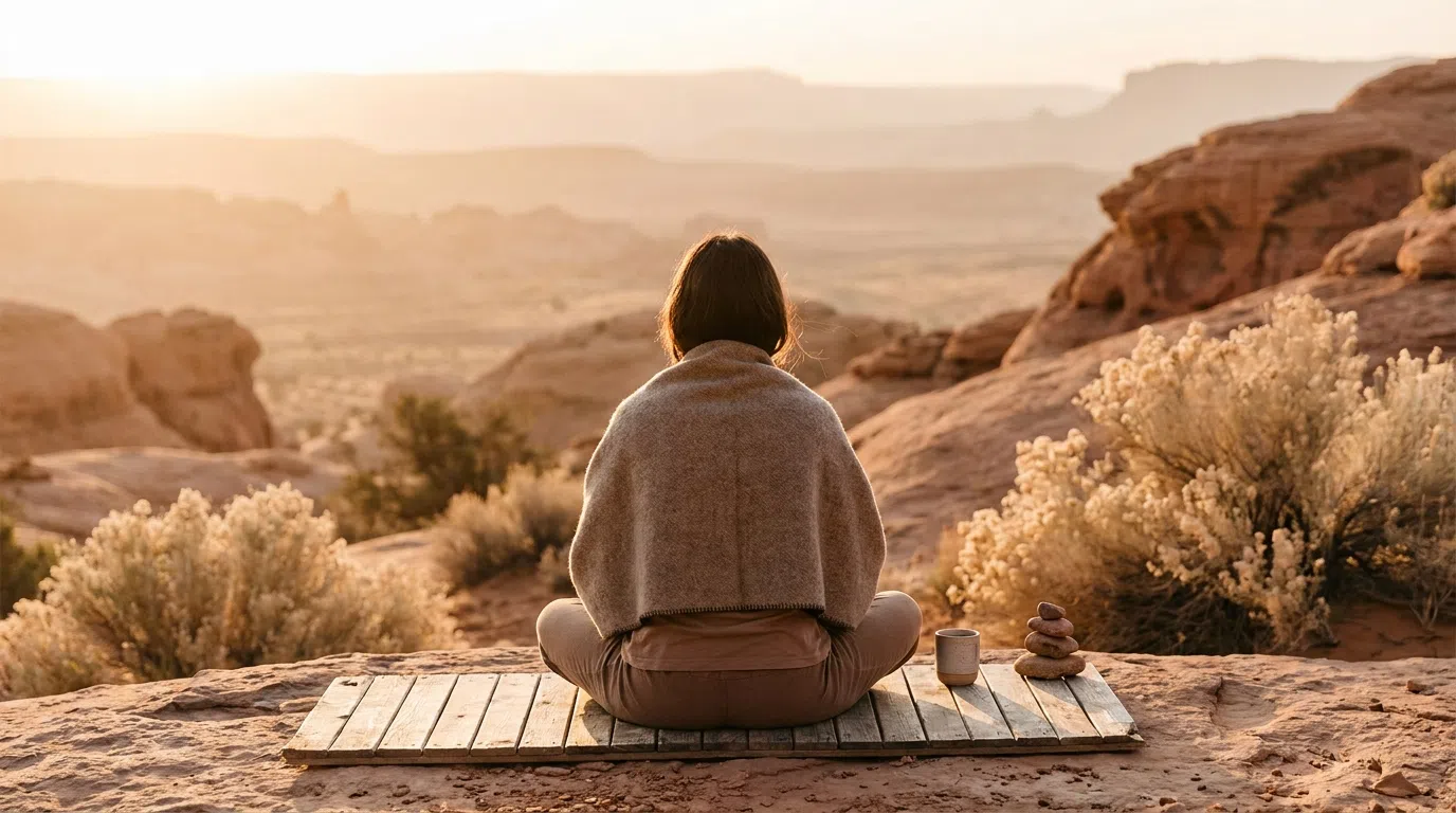 Figura en meditación humilde al amanecer: cultivar la actitud y la disposición del buscador