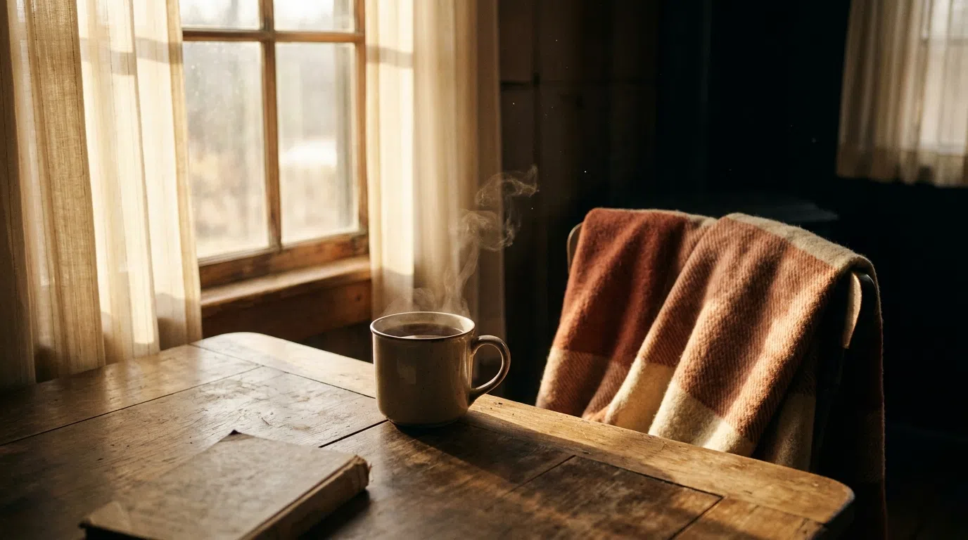 Taza de té humeante junto a la ventana al amanecer: una pausa serena antes del día