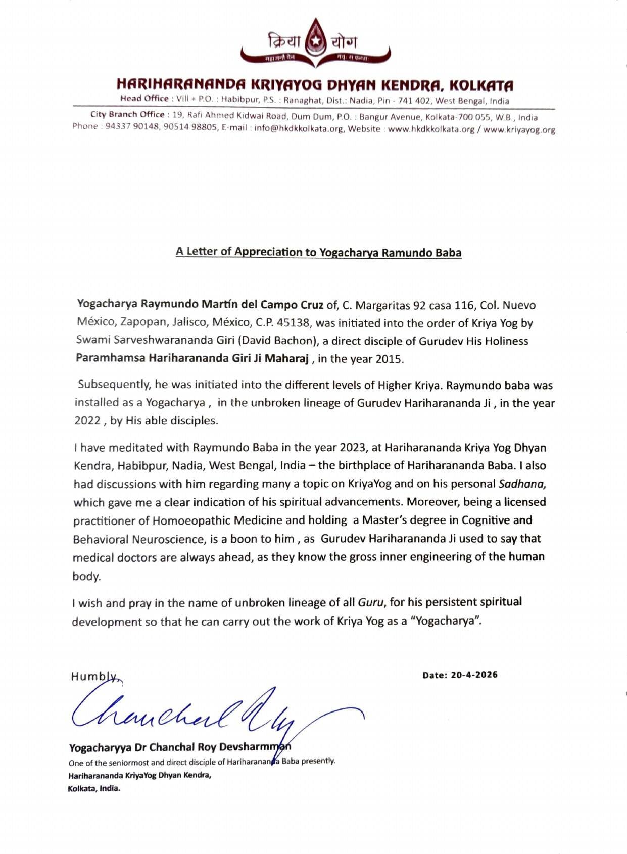 Carta de aprecio del Yogacharya Dr. Chanchal Roy Devsharmman al Yogacharya Ray Baba, Hariharananda Kriyayog Dhyan Kendra, Kolkata, 20 de abril de 2026