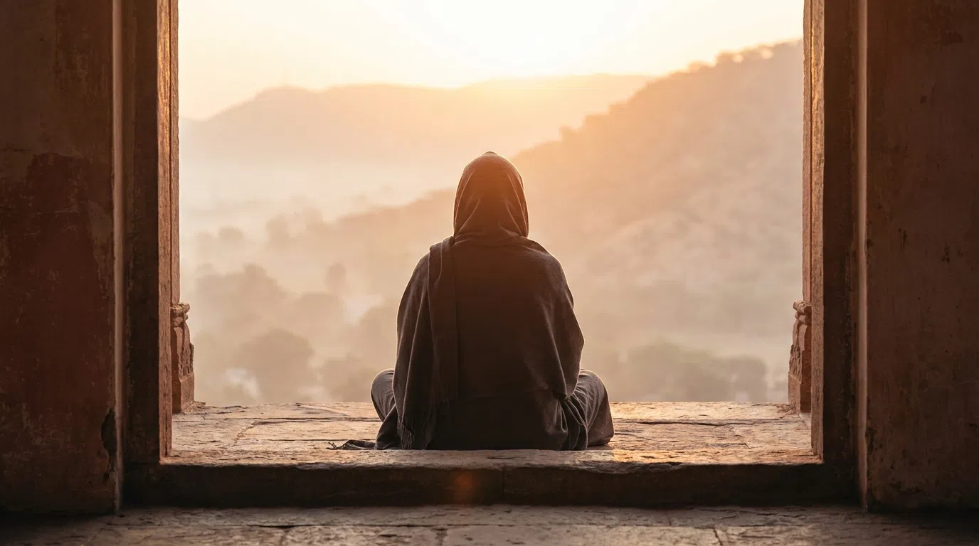 Figura en meditación serena frente a la luz del amanecer: la iniciación como umbral del camino