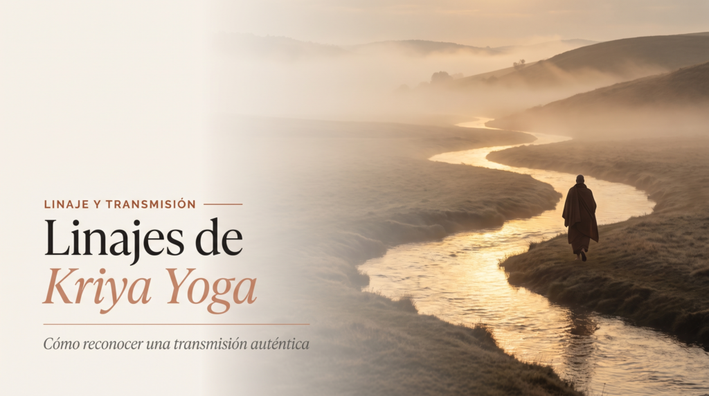 Linajes de Kriya Yoga: cómo reconocer una transmisión auténtica — río de luz dorada al amanecer, figura en silueta caminando junto a él