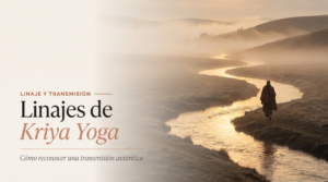 Linajes de Kriya Yoga: cómo reconocer una transmisión auténtica — río de luz dorada al amanecer, figura en silueta caminando junto a él