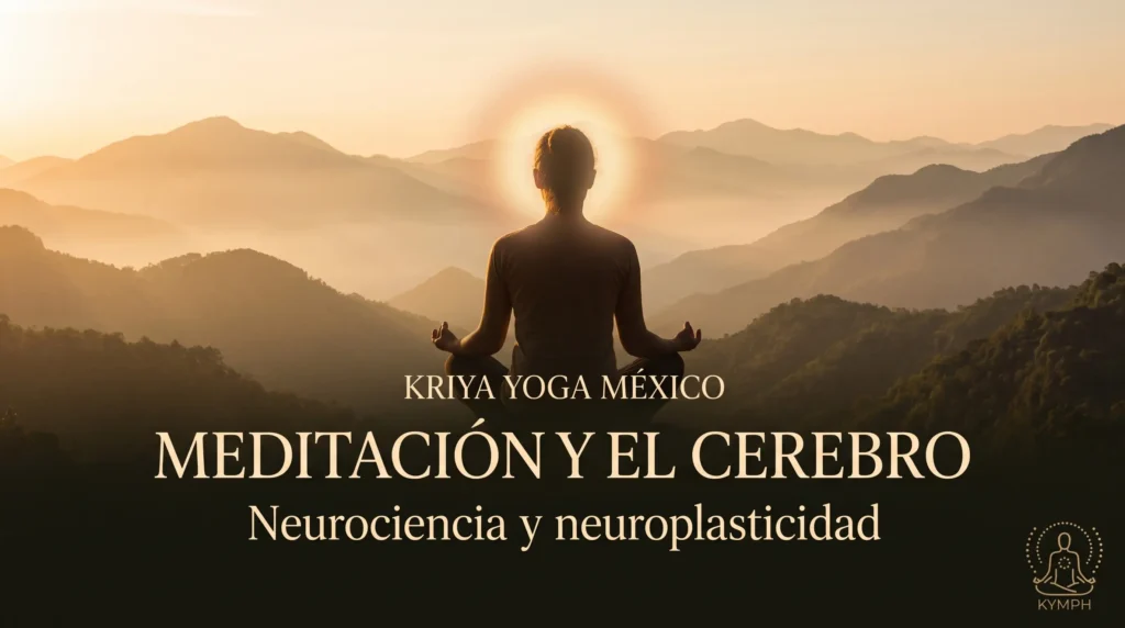 Persona meditando entre montañas con un halo de luz al amanecer, meditación y el cerebro, neurociencia y neuroplasticidad, Kriya Yoga México