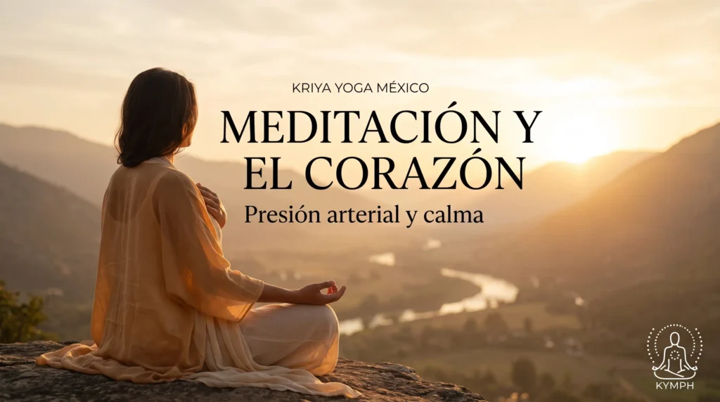 Persona meditando en un acantilado sobre un valle al atardecer con la mano en el pecho, meditación y el corazón, presión arterial y calma, Kriya Yoga México