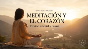 Persona meditando en un acantilado sobre un valle al atardecer con la mano en el pecho, meditación y el corazón, presión arterial y calma, Kriya Yoga México