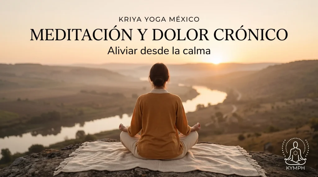Persona meditando en un cerro sobre un valle con río al amanecer, meditación y dolor crónico, Kriya Yoga México