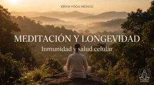 Persona meditando ante colinas verdes y neblina al amanecer, meditación, inmunidad y longevidad celular, Kriya Yoga México