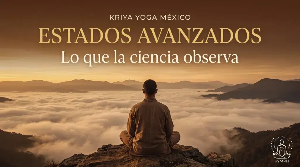 Persona meditando en la cima de una montaña sobre un mar de nubes al amanecer, estados avanzados de meditación, Kriya Yoga México