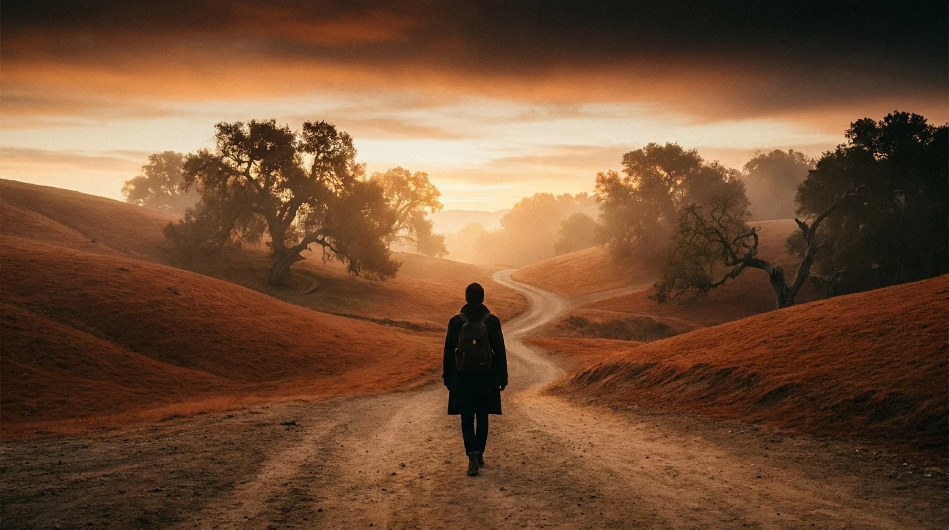 Figura caminando hacia un horizonte dorado: el llamado a un camino espiritual más hondo