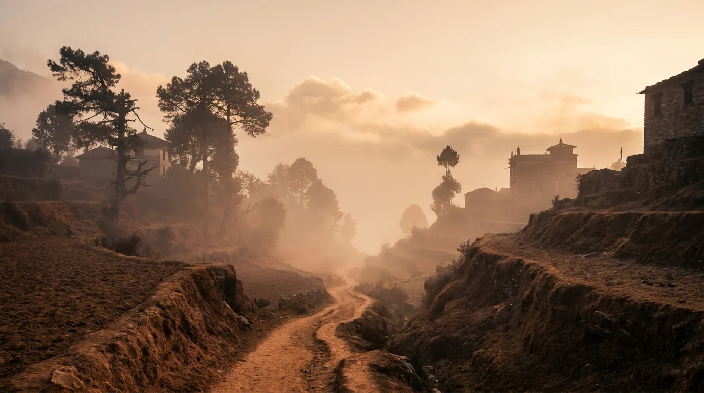 Sendero entre montañas del Himalaya al amanecer, evocando la antigua tradición del Kriya Yoga