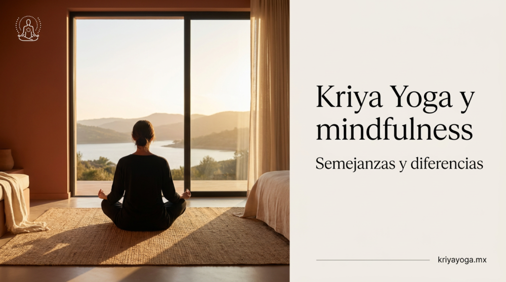 Kriya Yoga y mindfulness: persona meditando junto a un ventanal al amanecer