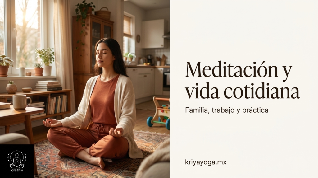 Meditación y vida cotidiana: persona meditando en casa por la mañana entre la vida familiar