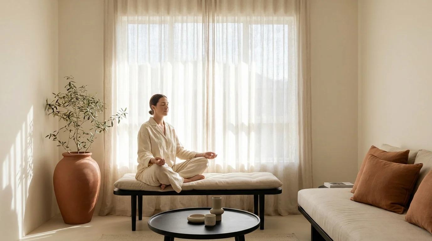 Atención plena: persona en quietud atenta a la respiración en un interior sereno