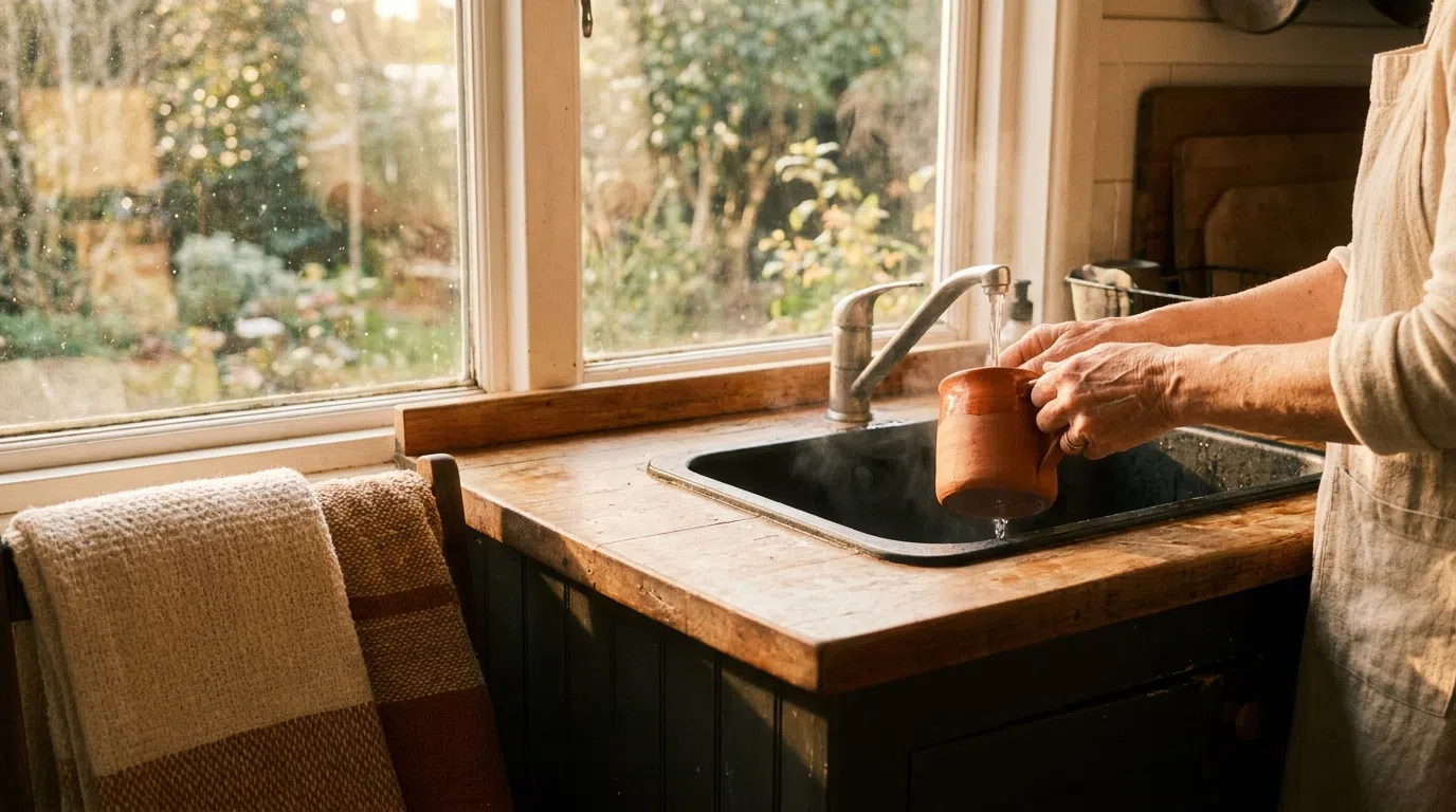 Manos lavando una taza con presencia junto a una ventana: la tarea cotidiana como práctica