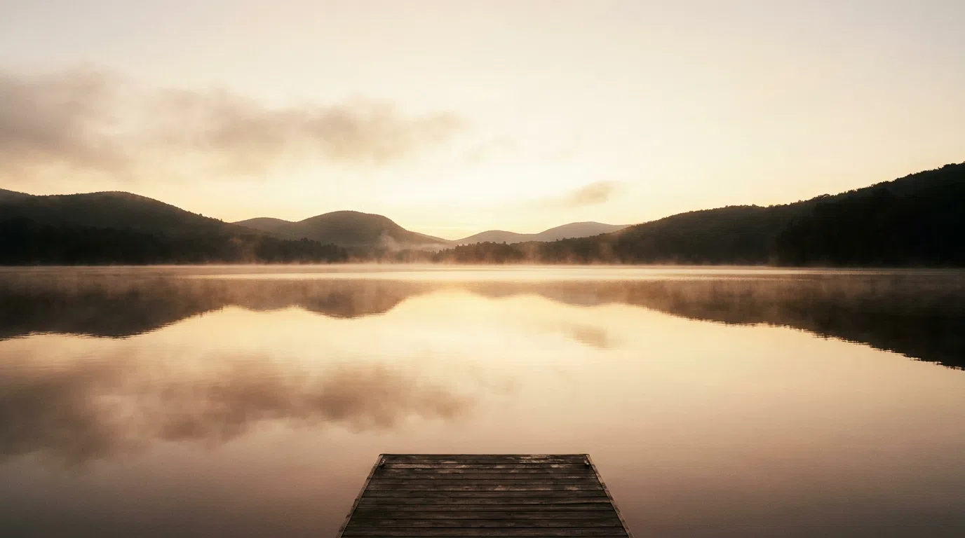 Agua serena al amanecer que refleja el cielo con claridad: símbolo del discernimiento (viveka)